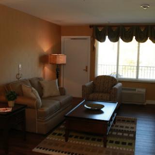 A cozy living room with a sofa, lamp, and coffee table, featuring warm tones and natural light.