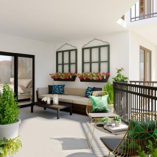 A modern and cozy balcony adorned with comfortable outdoor seating, lush plants, and decorative window elements.