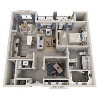 A 3D rendered floor plan of a modern apartment layout, showcasing various rooms and design elements.