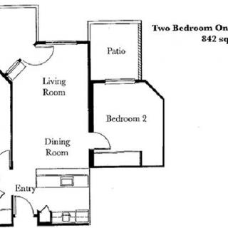 A floor plan of a two-bedroom apartment with living room, dining room, and patio.