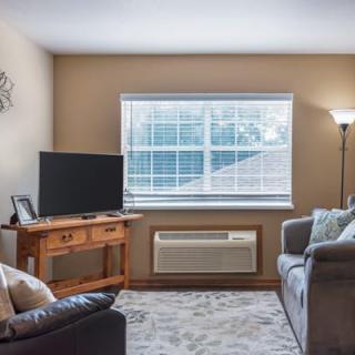 A cozy living room with a sofa, television, window, and lamp.
