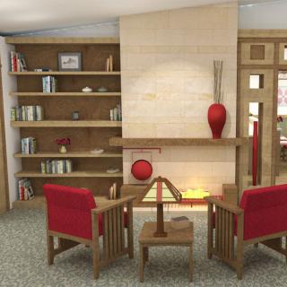 Cozy living room with red armchairs and wooden accents.