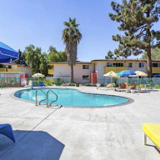 A refreshing poolside view at a sunny resort, perfect for relaxation and leisure.