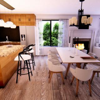 A modern kitchen and dining area featuring an island counter, bar stools, a fireplace, and large windows overlooking greenery.