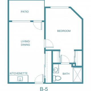 A blueprint of a one-bedroom apartment with a kitchenette, living/dining area, bathroom, bedroom, and patio.