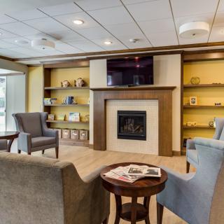 A cozy living room with a fireplace, ample seating, and built-in bookshelves.
