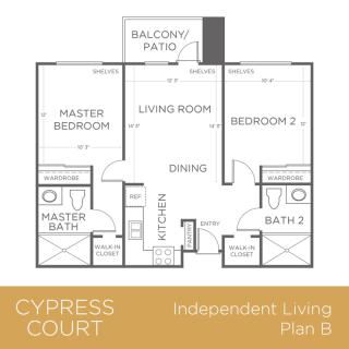 Floor plan of a two-bedroom apartment in Cypress Court, featuring living and dining areas, a kitchen, master bedroom with bath, second bedroom with bath, and a balcony/patio.