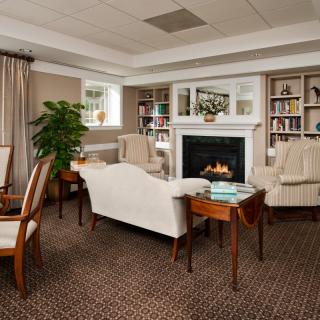 A cozy living room with elegant furniture, a fireplace, and bookshelves.