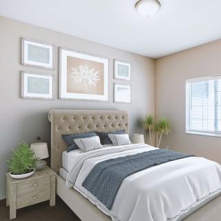 A modern bedroom with stylish decor featuring a bed with a tufted headboard, framed artwork, and indoor plants.