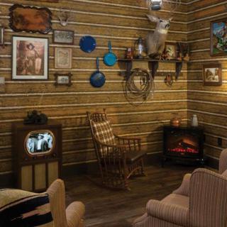 A cozy vintage living room with rustic decor, featuring an antique television, a deer mount, and a rocking chair by the fireplace.