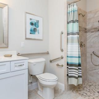 A modern bathroom featuring a shower with grab bars, a toilet, and a sink with storage.