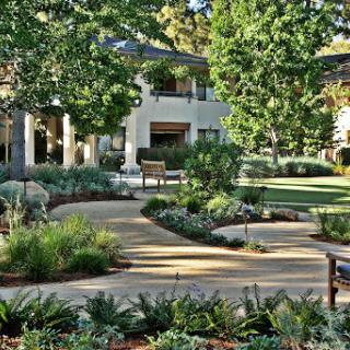 A serene garden pathway lined with lush greenery, leading to a lovely house.