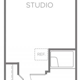 Studio apartment floor plan layout.