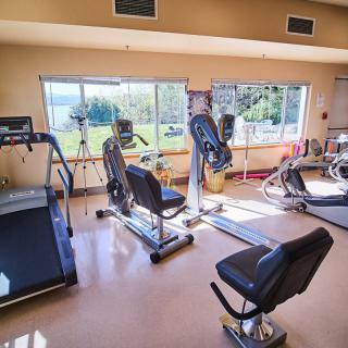 A well-equipped gym with various exercise machines and bright natural lighting.