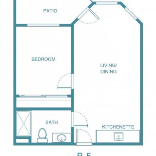 A simple apartment floor plan featuring a bedroom, living/dining area, kitchenette, and bathroom.