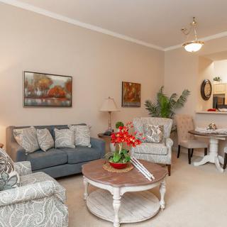 A cozy living room with comfortable seating and tasteful decor, including artwork and indoor plants. Adjacent to the dining area, it features a sofa, chairs, coffee table, and lamps.