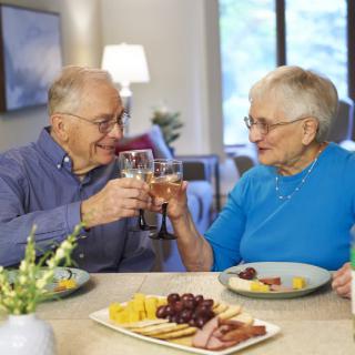 An elderly couple enjoying a meal with a cheese platter, toasting to each other with smiles.