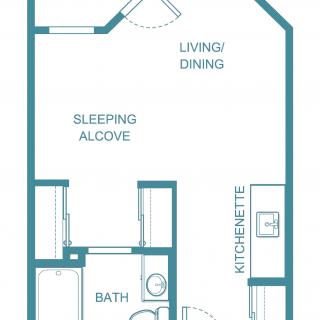 A floor plan of a studio apartment featuring a sleeping alcove, living/dining area, kitchenette, and bathroom.