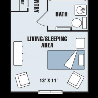 Studio apartment floor plan with a living/sleeping area and a bathroom.