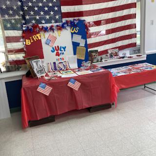 A festive display celebrating Independence Day with patriotic decorations and American flags.