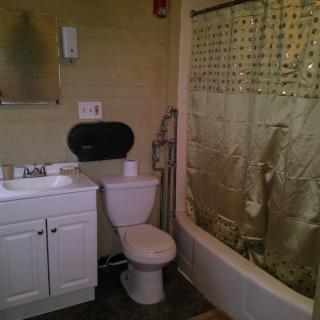 A compact bathroom with a sink, toilet, and shower area.