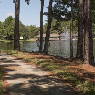 A tranquil lakeside pathway surrounded by trees with a distant view of a fountain.