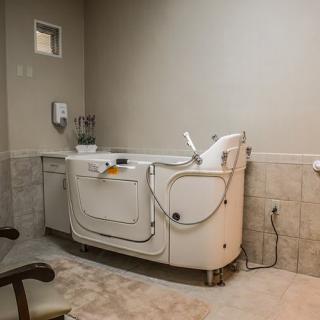 An accessible bathtub with safety features in a healthcare bathroom setting.