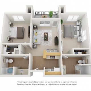A 3D floor plan of a two-bedroom apartment featuring a spacious living room, kitchen, and two bathrooms.