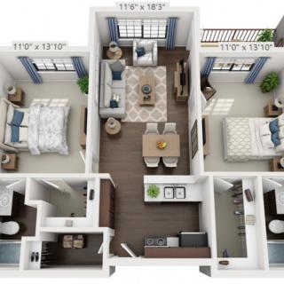 A 3D floor plan of a two-bedroom apartment featuring a living room, kitchen, dining area, and bathroom.