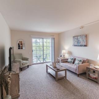 A cozy living room with modern furnishings, including a sofa, coffee table, and TV, bathed in natural light from a large window.