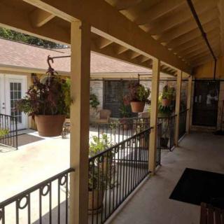 A sunny patio with hanging plants and shaded seating area.