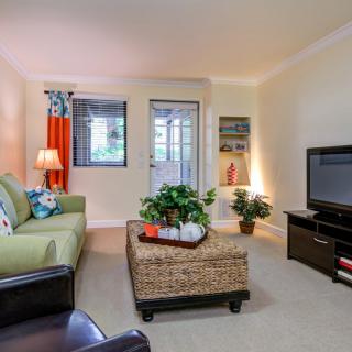 A cozy living room with a green sofa, a wicker coffee table, and a television, complemented by indoor plants and vibrant curtains.
