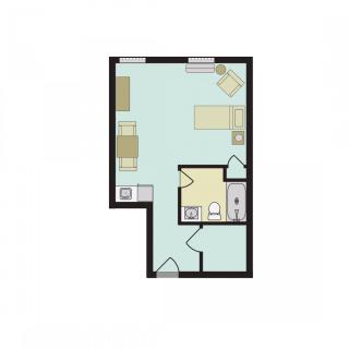 A floor plan of a compact studio apartment with a small bathroom and kitchenette.
