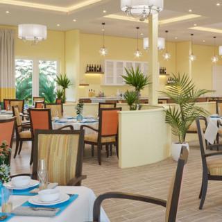 A bright and elegant restaurant dining area with neatly arranged tables and chairs, decorated with plants and soft lighting.