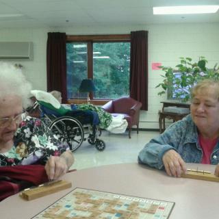 Two elderly women enjoying a game together indoors.