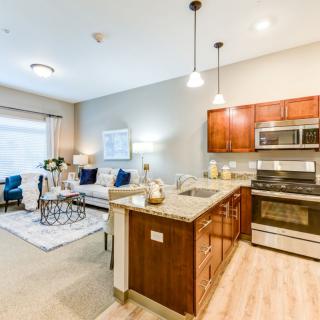 A modern open-concept living space featuring a kitchen with an island and stainless steel appliances, seamlessly connected to a cozy living area.
