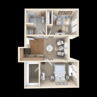 3D floor plan of a one-bedroom apartment, featuring a living room, kitchen, dining area, and bathroom.