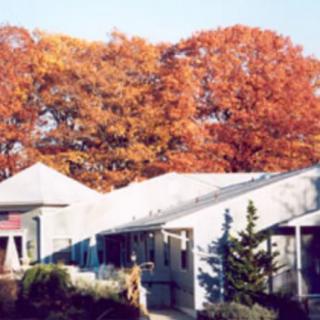 A building surrounded by trees with vibrant autumn foliage.