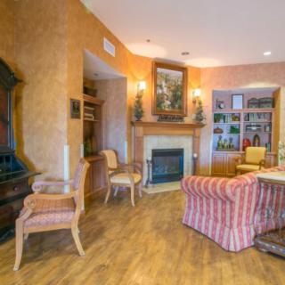 A cozy living room with a fireplace, comfortable seating, and elegant decor.
