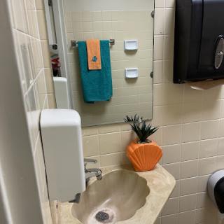 A neatly arranged bathroom featuring a sink, mirror, towels, and decorative plant.