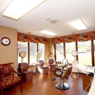 A cozy salon interior with chairs and hair dryers by large windows.