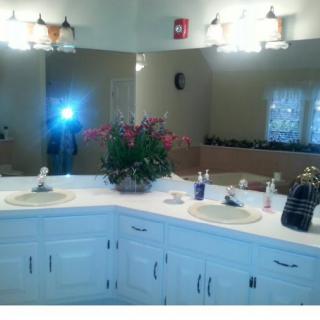 A bathroom with a large mirror and dual sinks, adorned with flowers on the countertop.