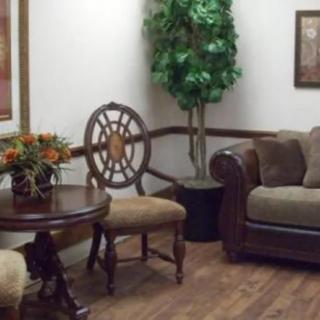 A cozy living room setting with a sofa, chairs, table, and indoor plant.