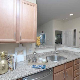 A modern kitchen with wooden cabinets and a granite countertop, featuring a sink and decorative elements.