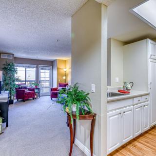 A bright and modern apartment interior featuring a cozy living room and adjacent kitchen area with stylish furnishings and plants.