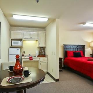 A compact studio apartment featuring a kitchenette and a cozy bedroom with red bedding.