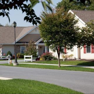 A quiet suburban neighborhood street lined with well-maintained houses and trees.