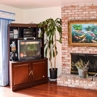 A cozy living room featuring a brick fireplace, an entertainment center with an aquarium, a potted plant, and a colorful painting on the wall.