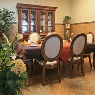 An elegant dining room setup with a wooden table, cushioned chairs, and a china cabinet, adorned with indoor plants.