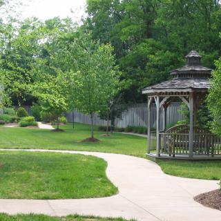 A tranquil garden scene featuring a wooden gazebo and a winding pathway surrounded by lush greenery.